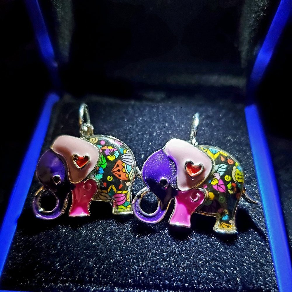 Handpainted Enamel Elephant Earrings Pink Ears, Pu